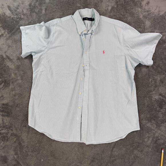Ralph Lauren Shirt Mens 2XL Blue Short Sleeve Button Up Seersucker Stripe Collar - Picture 1 of 8